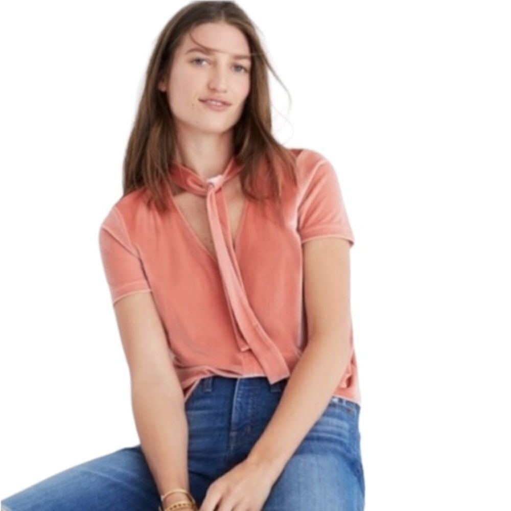 Madewell Velvet Tie Neck Top Size Small Orange Peach Size Small